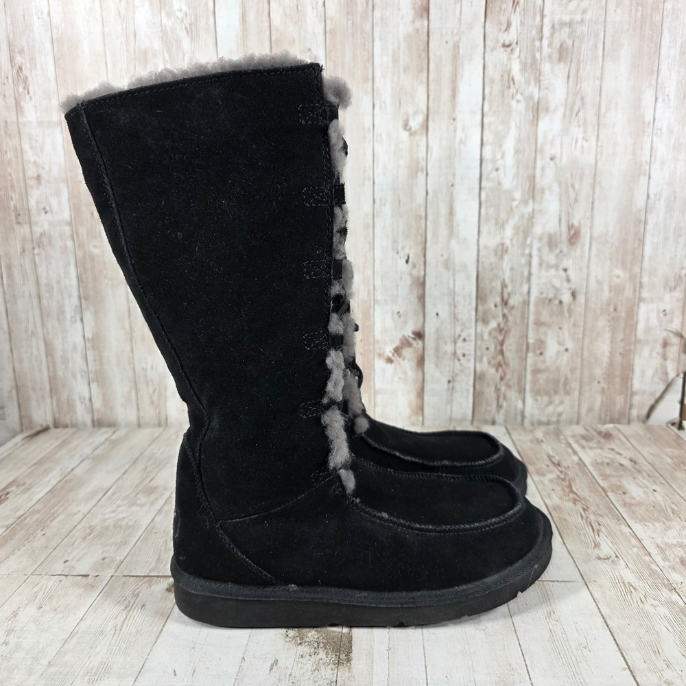 UGG Australia Sundance II Black Suede Sheepskin Lace Up Tall Boots 5230 Womens 8